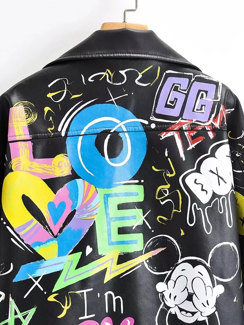 Fashion Brand Coat PU Leather Jacket Women Colorful Print Graffiti Soft Punk Coats Slim Locomotive Cropped Jacket Leather Top