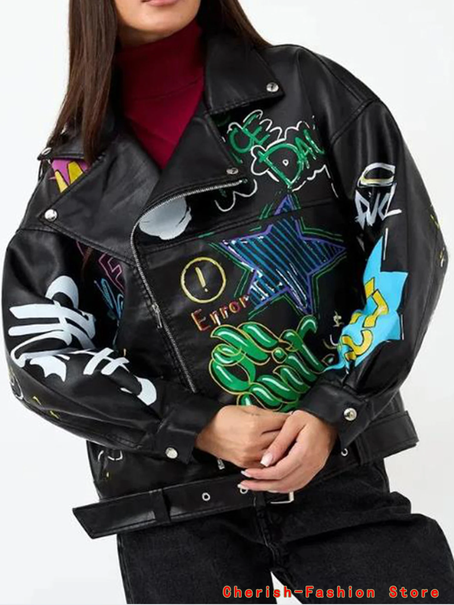 Fashion Brand Coat PU Leather Jacket Women Colorful Print Graffiti Soft Punk Coats Slim Locomotive Cropped Jacket Leather Top