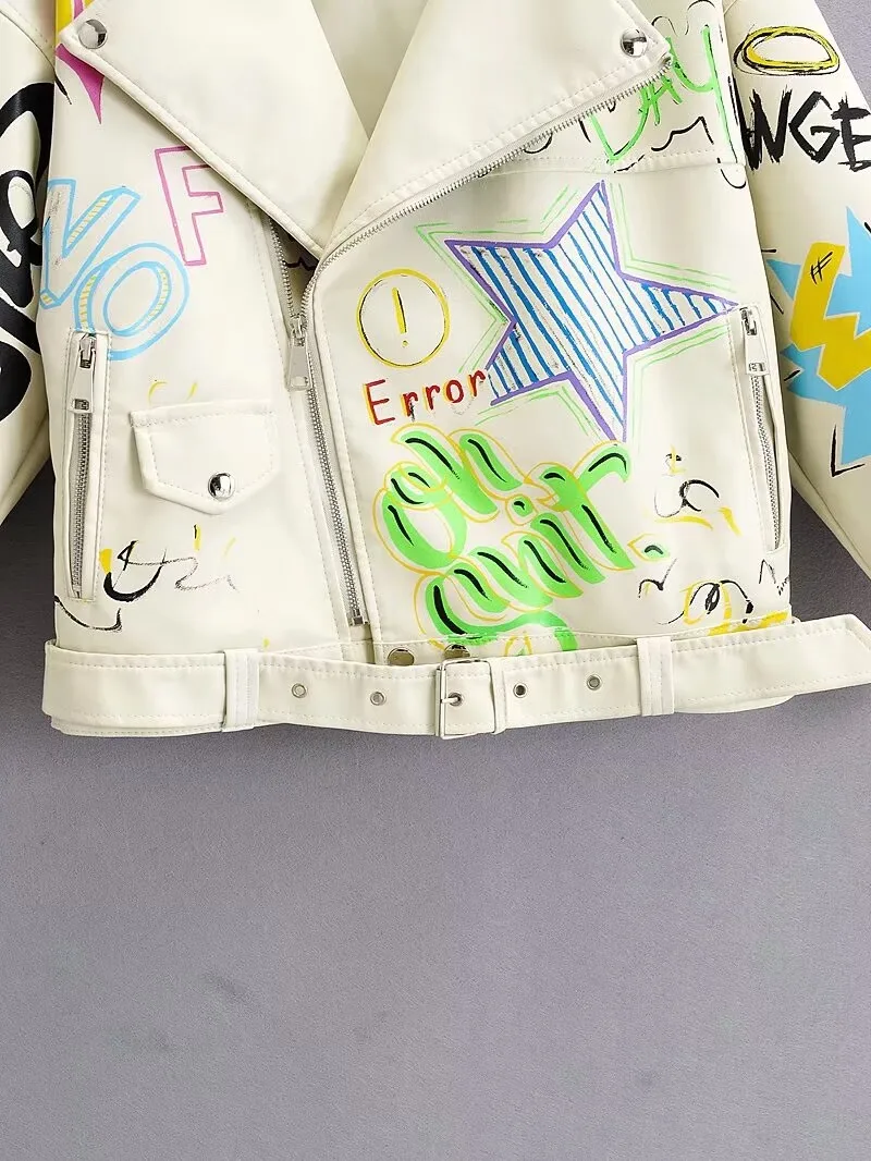 Fashion Brand Coat PU Leather Jacket Women Colorful Print Graffiti Soft Punk Coats Slim Locomotive Cropped Jacket Leather Top
