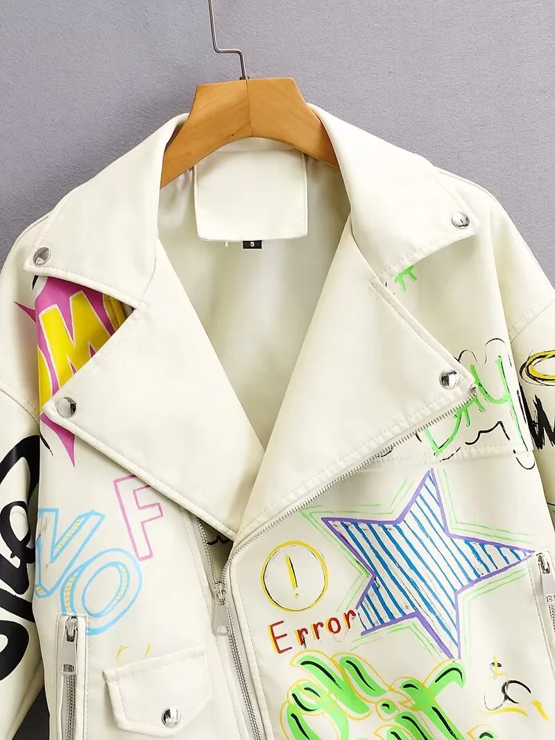 Fashion Brand Coat PU Leather Jacket Women Colorful Print Graffiti Soft Punk Coats Slim Locomotive Cropped Jacket Leather Top