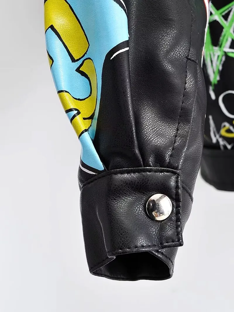 Fashion Brand Coat PU Leather Jacket Women Colorful Print Graffiti Soft Punk Coats Slim Locomotive Cropped Jacket Leather Top