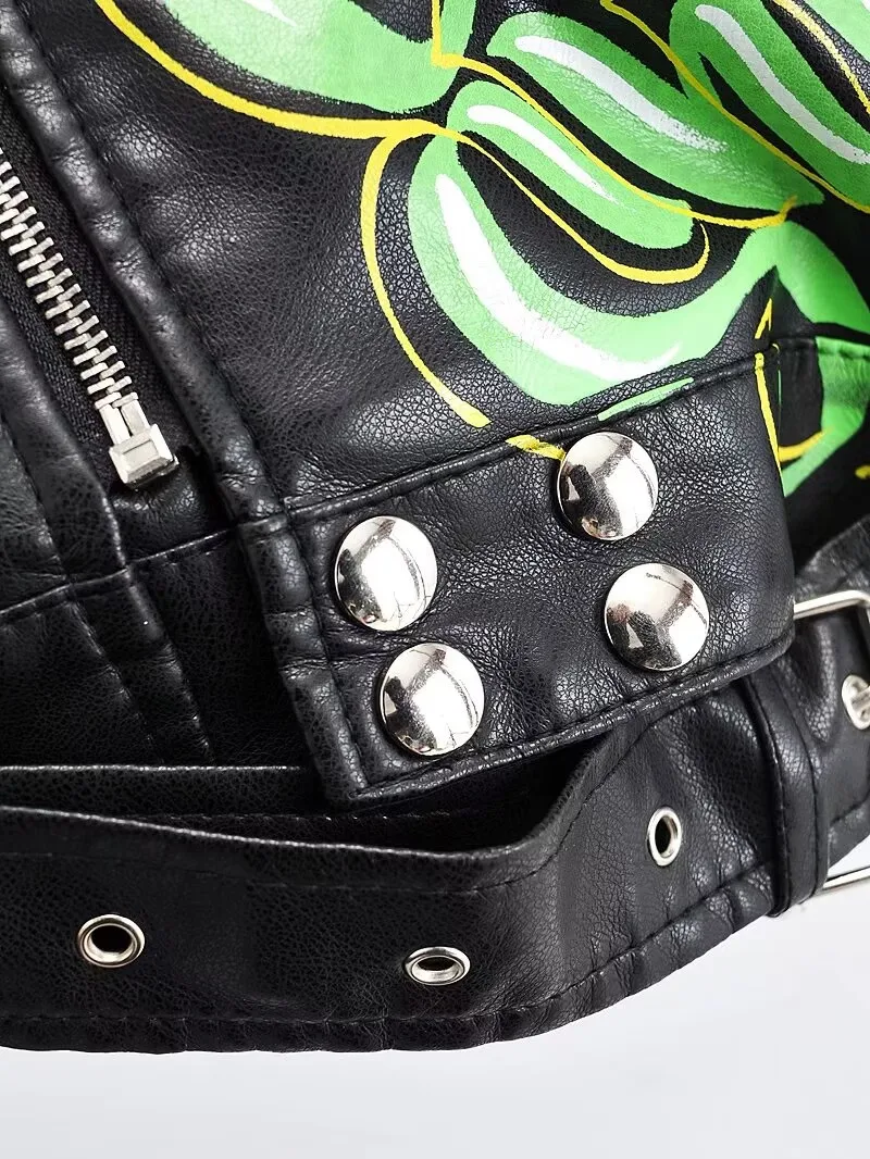 Fashion Brand Coat PU Leather Jacket Women Colorful Print Graffiti Soft Punk Coats Slim Locomotive Cropped Jacket Leather Top