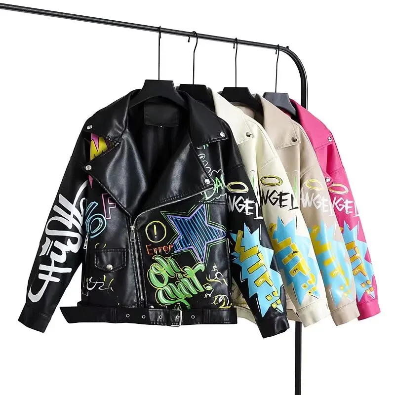 Fashion Brand Coat PU Leather Jacket Women Colorful Print Graffiti Soft Punk Coats Slim Locomotive Cropped Jacket Leather Top