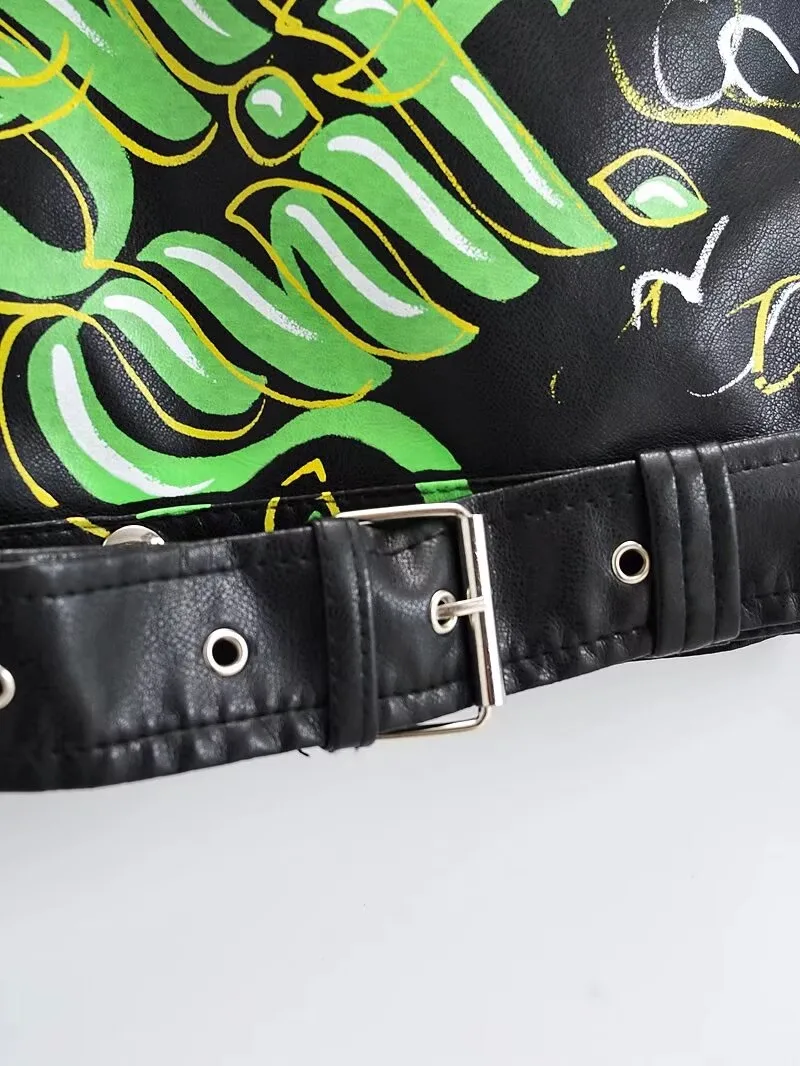 Fashion Brand Coat PU Leather Jacket Women Colorful Print Graffiti Soft Punk Coats Slim Locomotive Cropped Jacket Leather Top