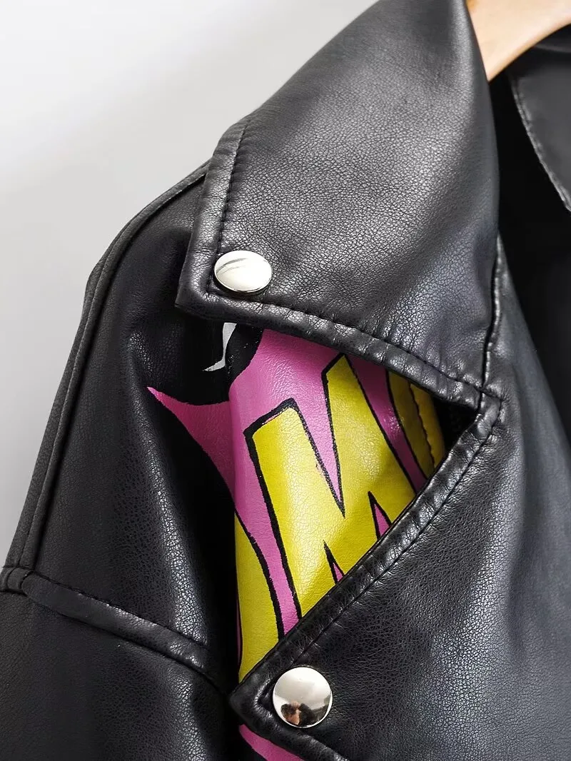 Fashion Brand Coat PU Leather Jacket Women Colorful Print Graffiti Soft Punk Coats Slim Locomotive Cropped Jacket Leather Top