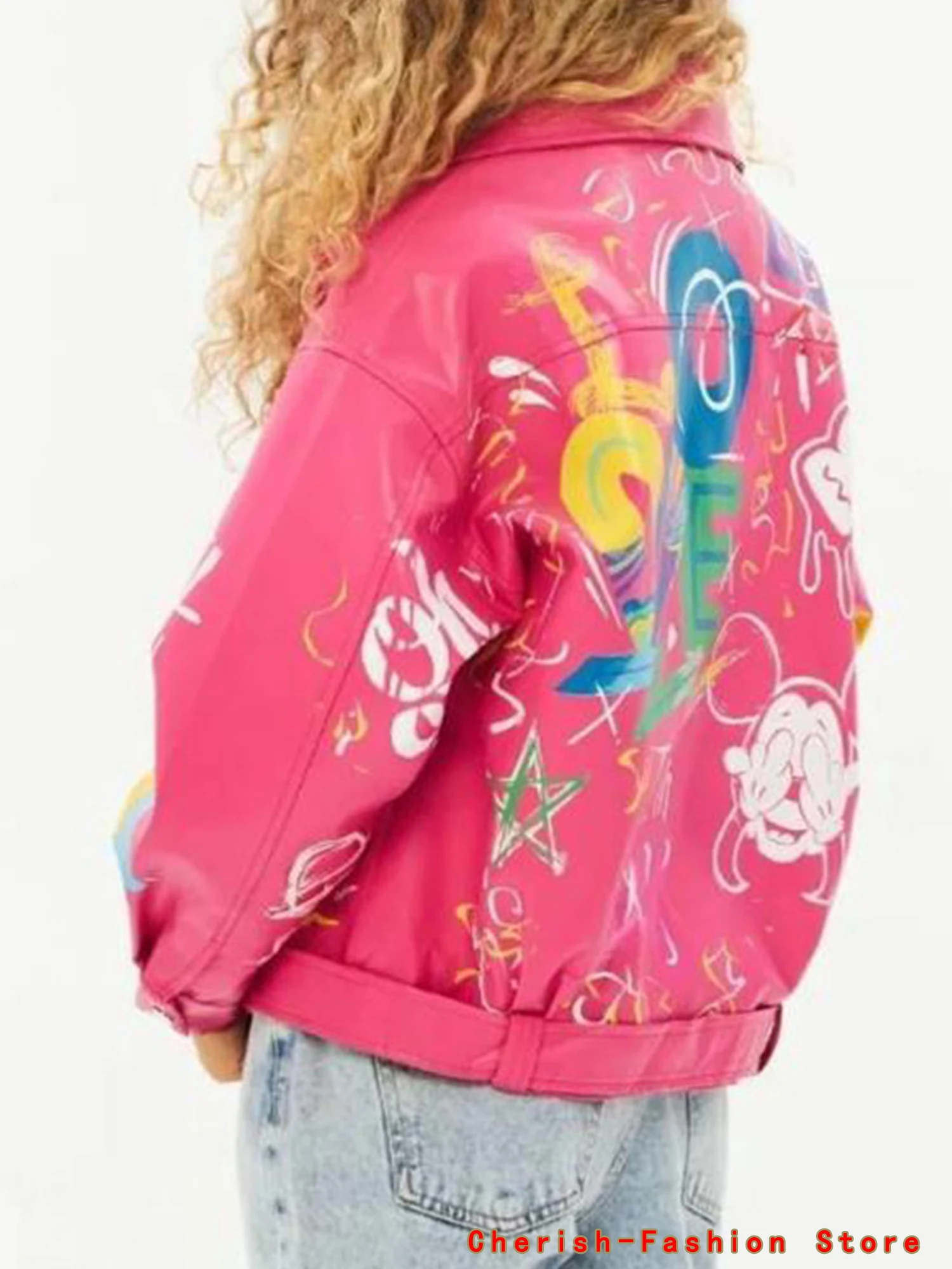 Fashion Brand Coat PU Leather Jacket Women Colorful Print Graffiti Soft Punk Coats Slim Locomotive Cropped Jacket Leather Top