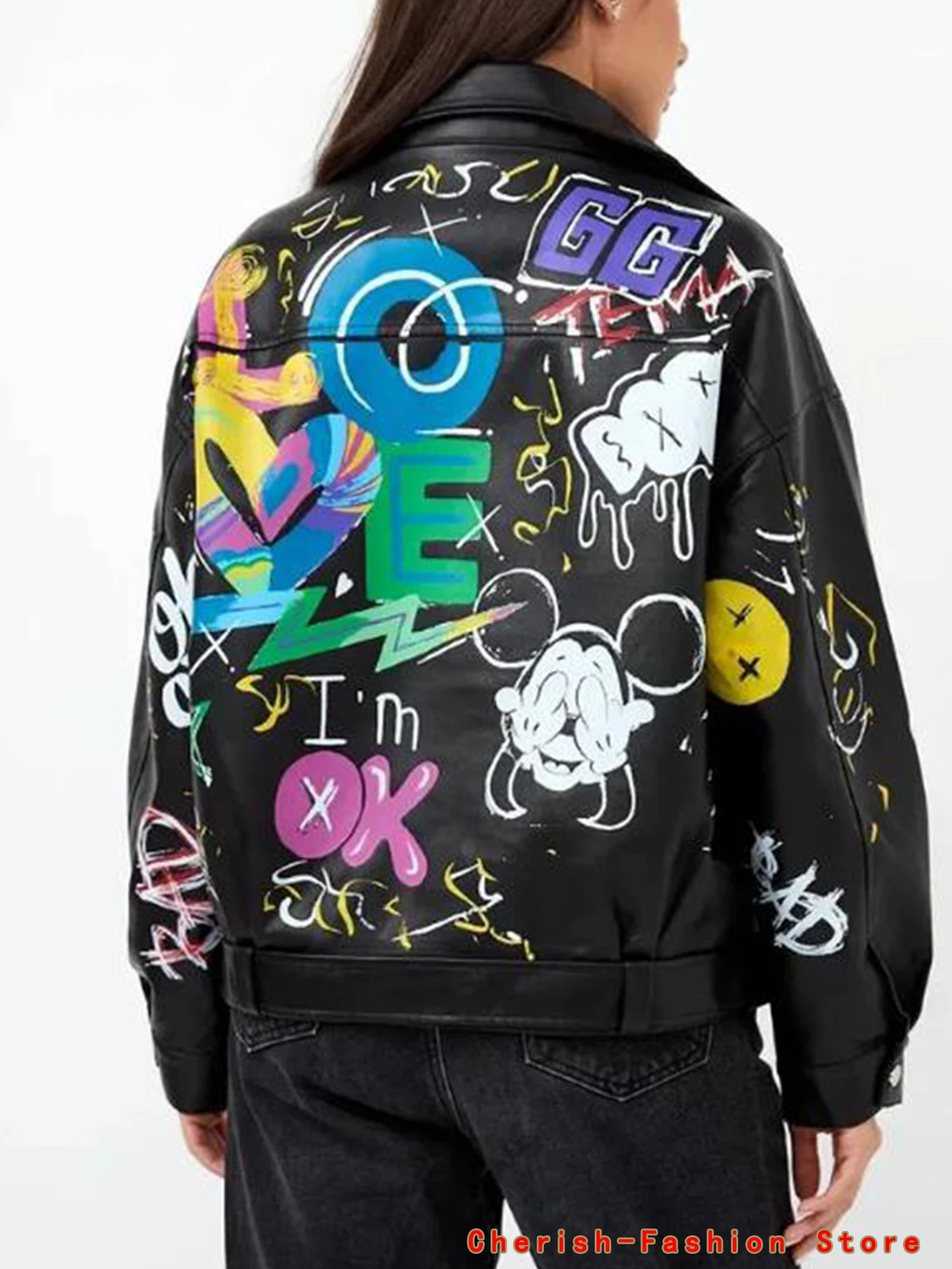Fashion Brand Coat PU Leather Jacket Women Colorful Print Graffiti Soft Punk Coats Slim Locomotive Cropped Jacket Leather Top