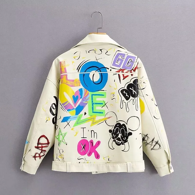 Fashion Brand Coat PU Leather Jacket Women Colorful Print Graffiti Soft Punk Coats Slim Locomotive Cropped Jacket Leather Top