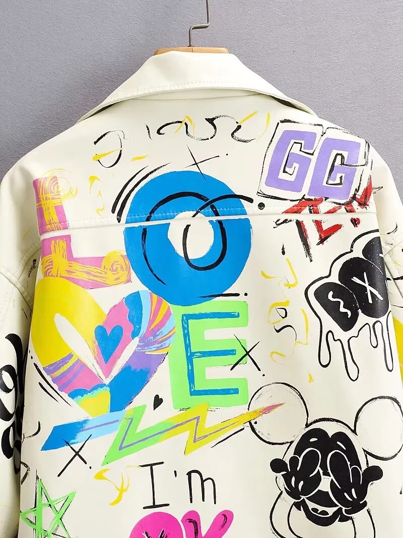 Fashion Brand Coat PU Leather Jacket Women Colorful Print Graffiti Soft Punk Coats Slim Locomotive Cropped Jacket Leather Top