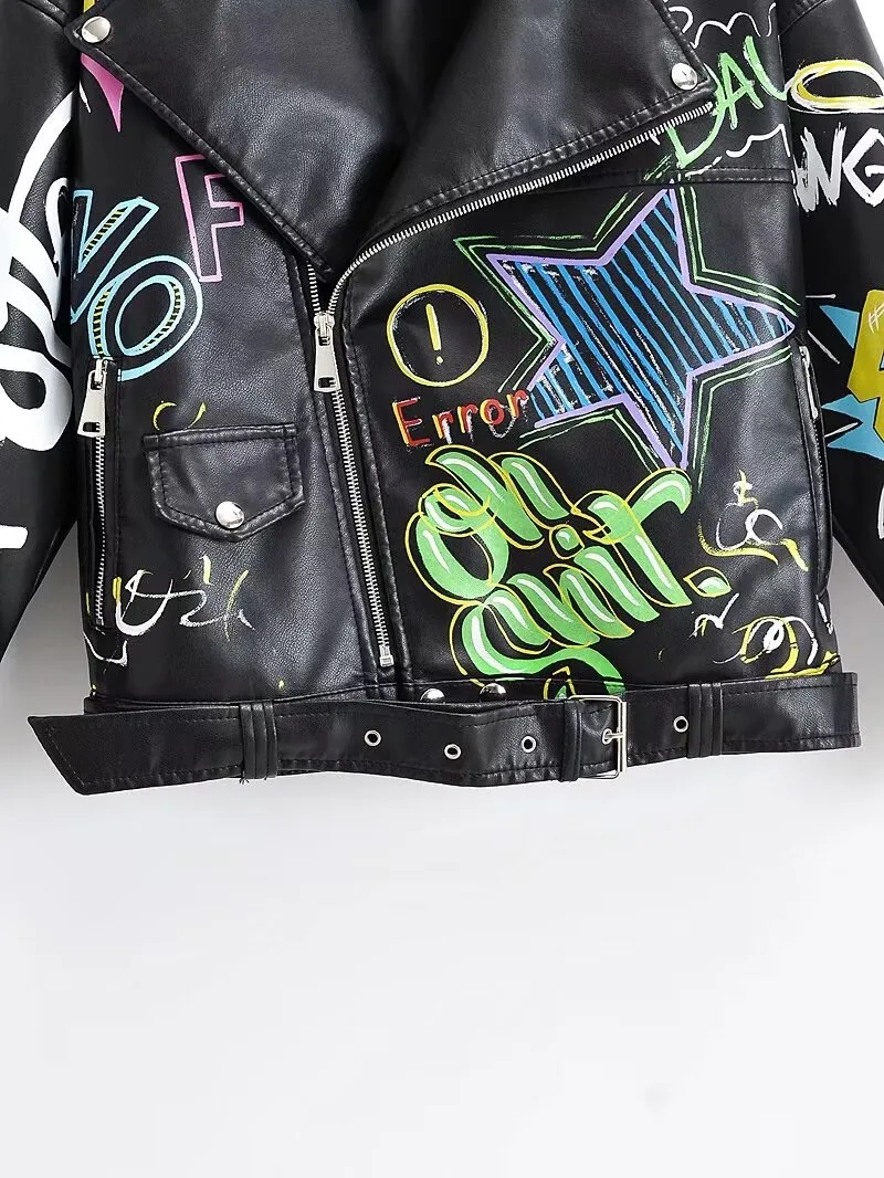 Fashion Brand Coat PU Leather Jacket Women Colorful Print Graffiti Soft Punk Coats Slim Locomotive Cropped Jacket Leather Top
