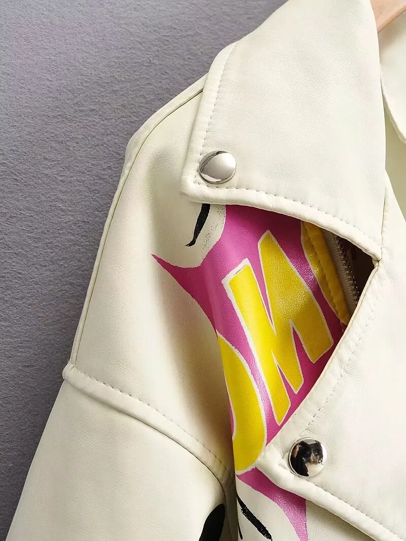 Fashion Brand Coat PU Leather Jacket Women Colorful Print Graffiti Soft Punk Coats Slim Locomotive Cropped Jacket Leather Top