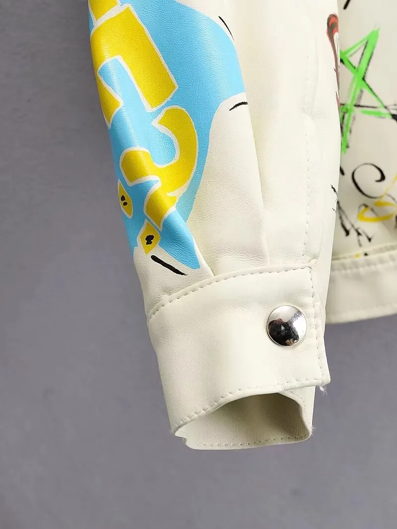 Fashion Brand Coat PU Leather Jacket Women Colorful Print Graffiti Soft Punk Coats Slim Locomotive Cropped Jacket Leather Top