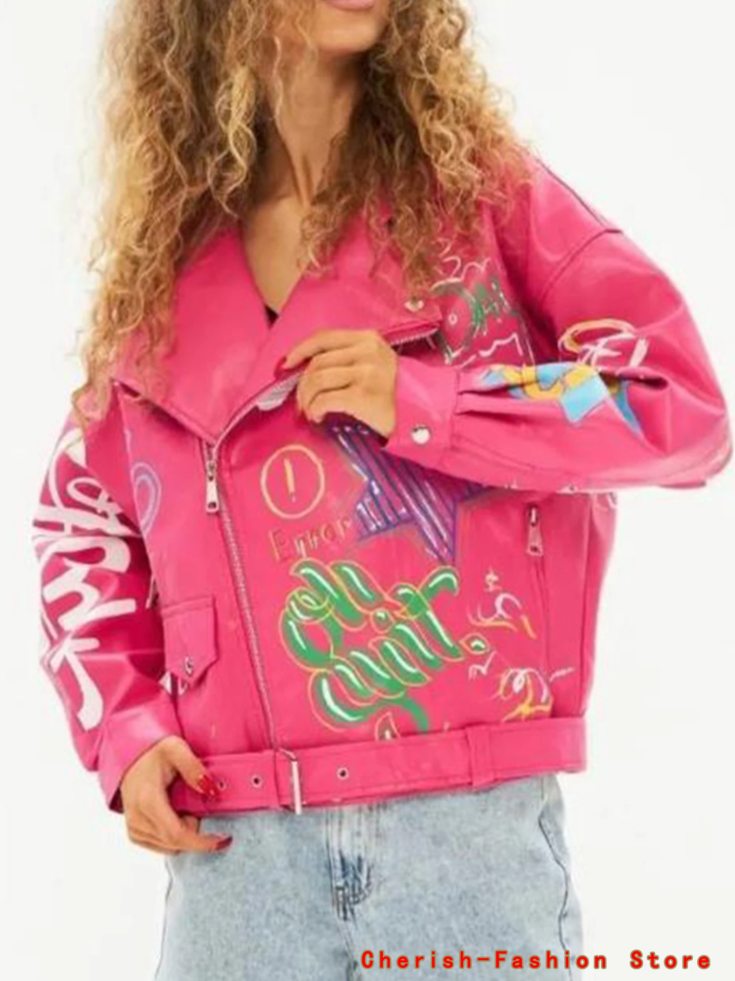 Fashion Brand Coat PU Leather Jacket Women Colorful Print Graffiti Soft Punk Coats Slim Locomotive Cropped Jacket Leather Top