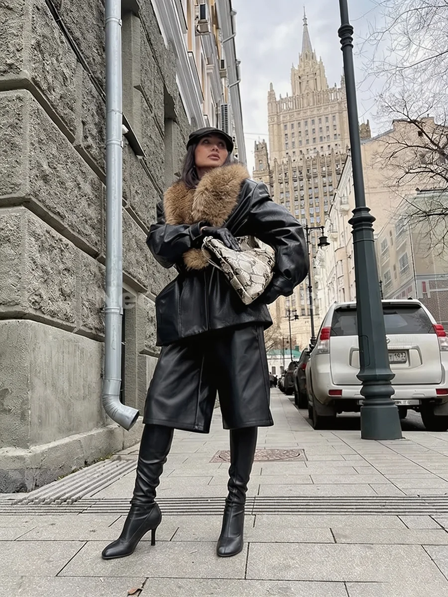 Women Winter Black PU Leather Fur Collar Coats Oversized Warm Jacket Insulated Thick Zipper Streetwear Female Outerwear 2026