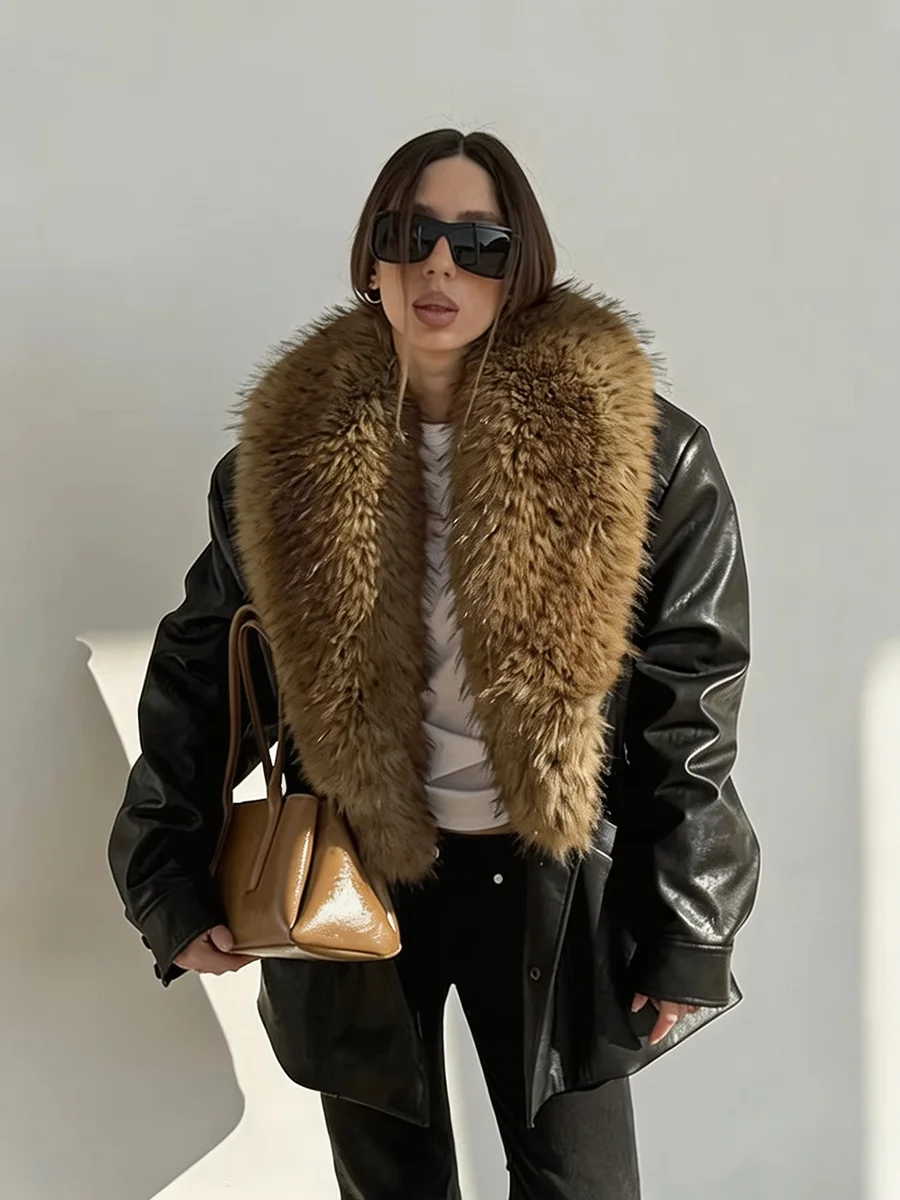 Women Winter Black PU Leather Fur Collar Coats Oversized Warm Jacket Insulated Thick Zipper Streetwear Female Outerwear 2026