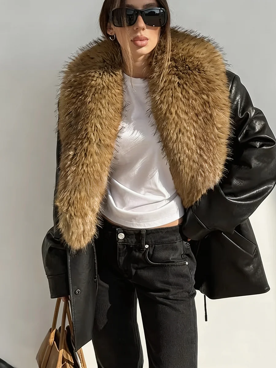 Women Winter Black PU Leather Fur Collar Coats Oversized Warm Jacket Insulated Thick Zipper Streetwear Female Outerwear 2026