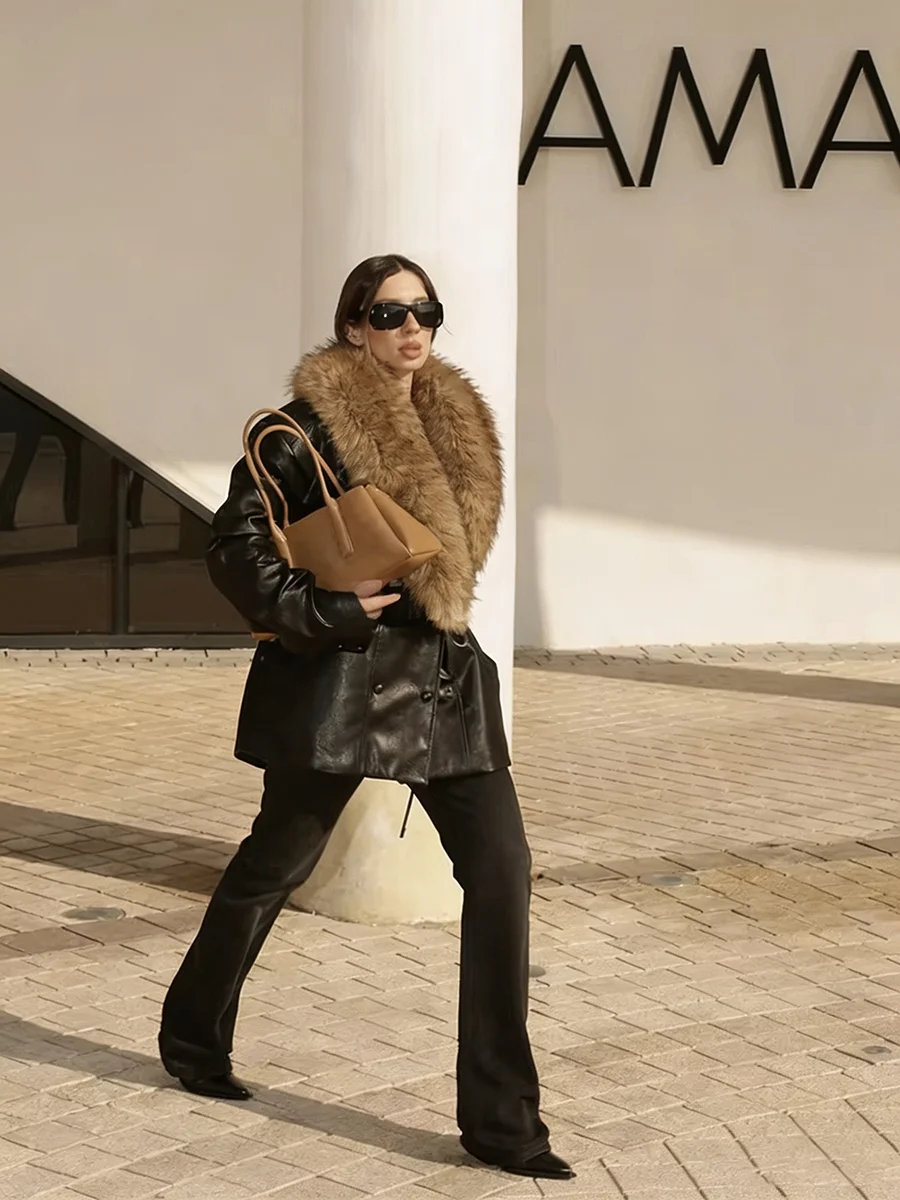 Women Winter Black PU Leather Fur Collar Coats Oversized Warm Jacket Insulated Thick Zipper Streetwear Female Outerwear 2026