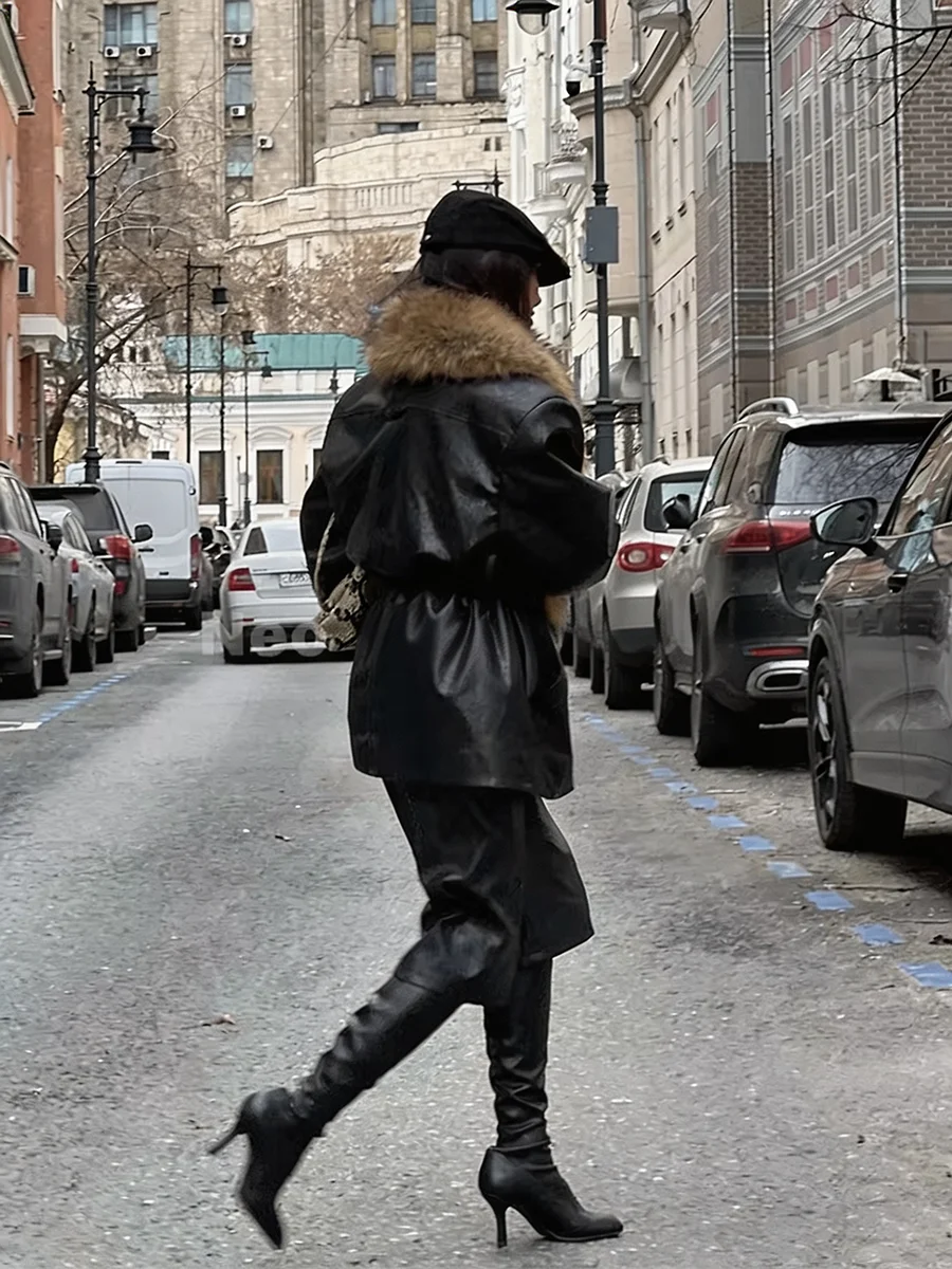 Women Winter Black PU Leather Fur Collar Coats Oversized Warm Jacket Insulated Thick Zipper Streetwear Female Outerwear 2026
