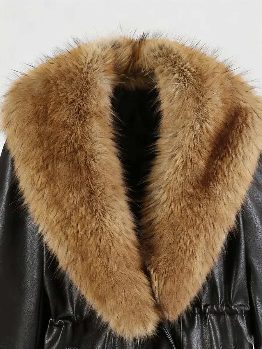 Women Winter Black PU Leather Fur Collar Coats Oversized Warm Jacket Insulated Thick Zipper Streetwear Female Outerwear 2026