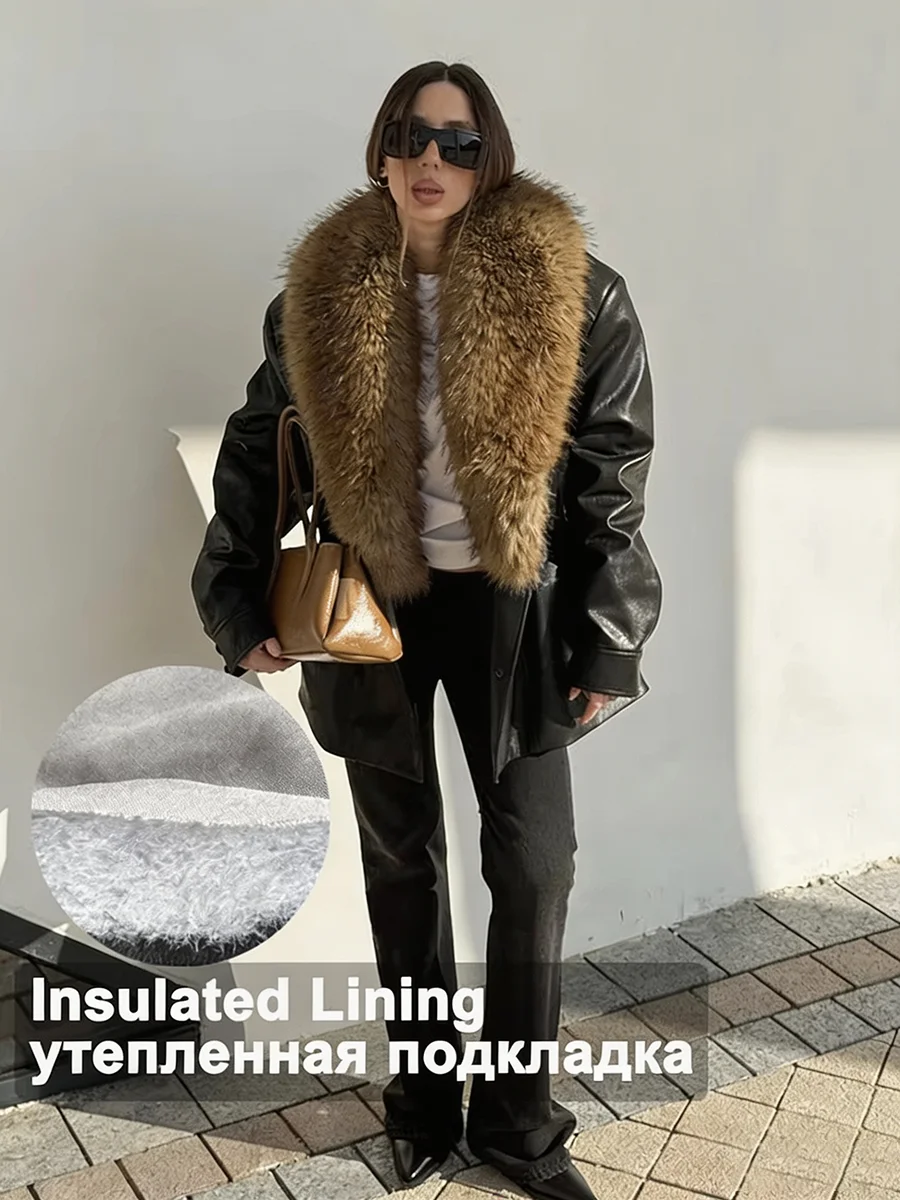 Women Winter Black PU Leather Fur Collar Coats Oversized Warm Jacket Insulated Thick Zipper Streetwear Female Outerwear 2026