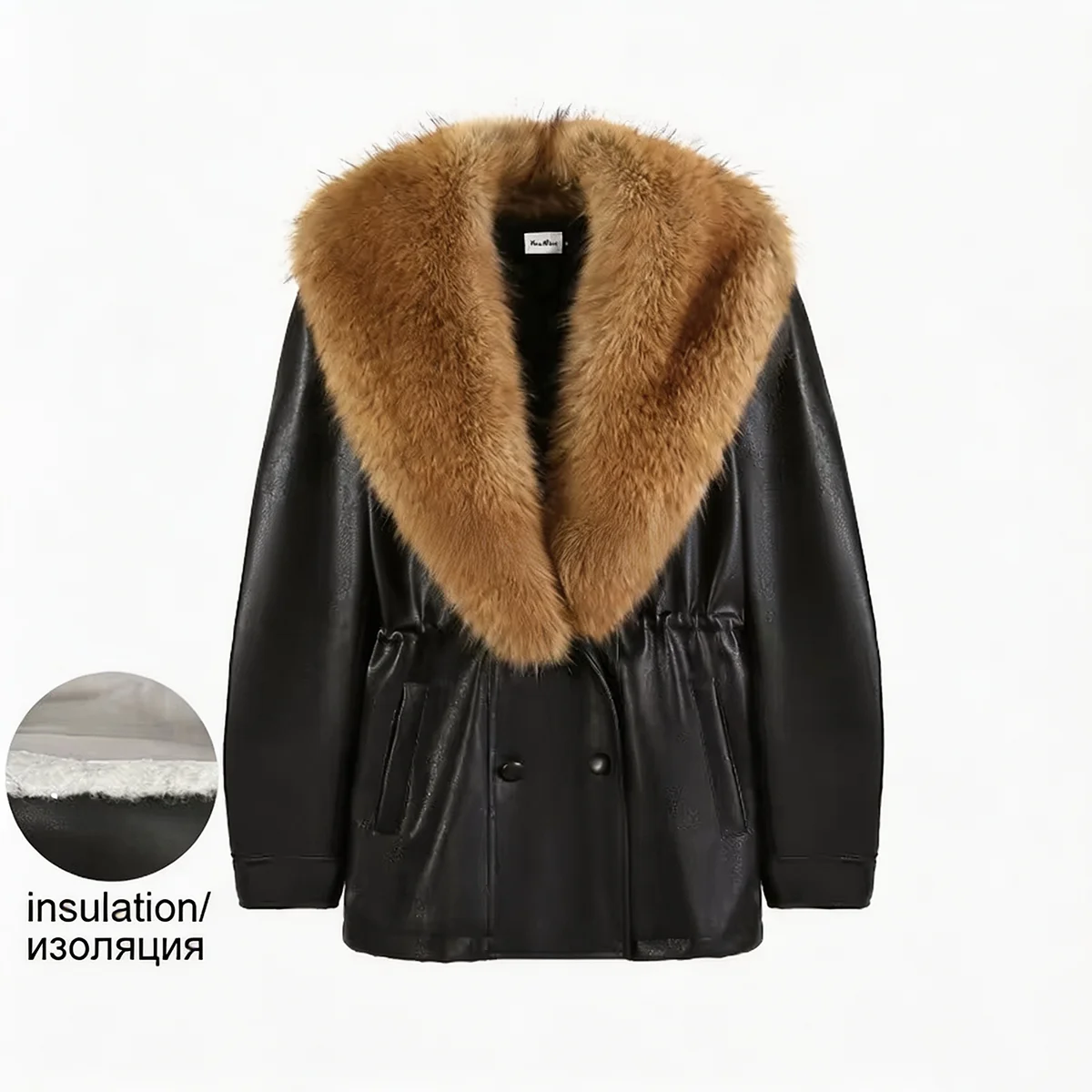 Women Winter Black PU Leather Fur Collar Coats Oversized Warm Jacket Insulated Thick Zipper Streetwear Female Outerwear 2026