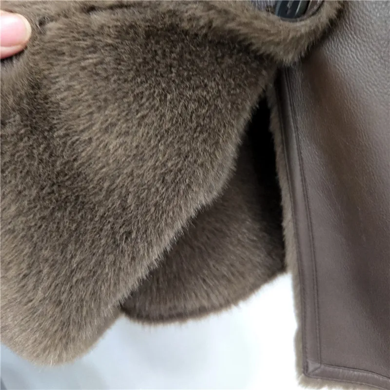 DEAT 2026 Winter Elegant Style Faux Mink Fur Collar PU Leather Coat With Belt For Women V-neak Midi Length Jackets 29A9572