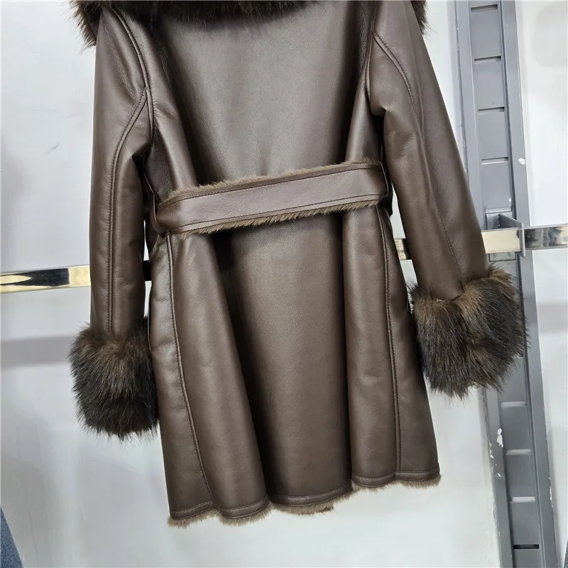 DEAT 2026 Winter Elegant Style Faux Mink Fur Collar PU Leather Coat With Belt For Women V-neak Midi Length Jackets 29A9572