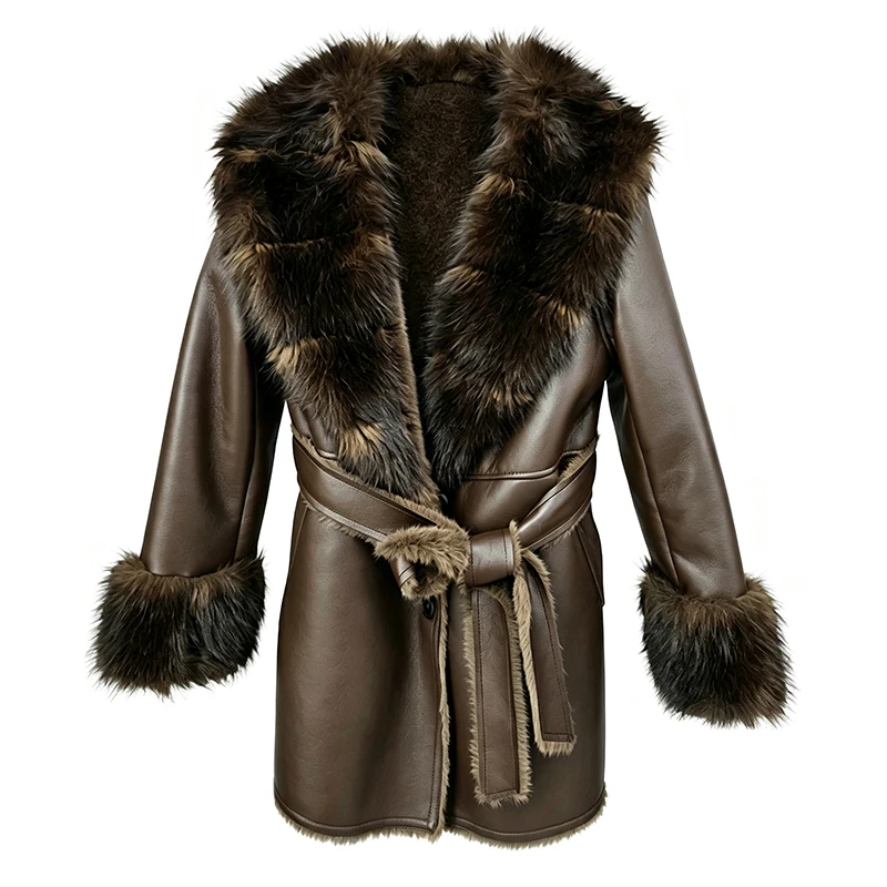 DEAT 2026 Winter Elegant Style Faux Mink Fur Collar PU Leather Coat With Belt For Women V-neak Midi Length Jackets 29A9572