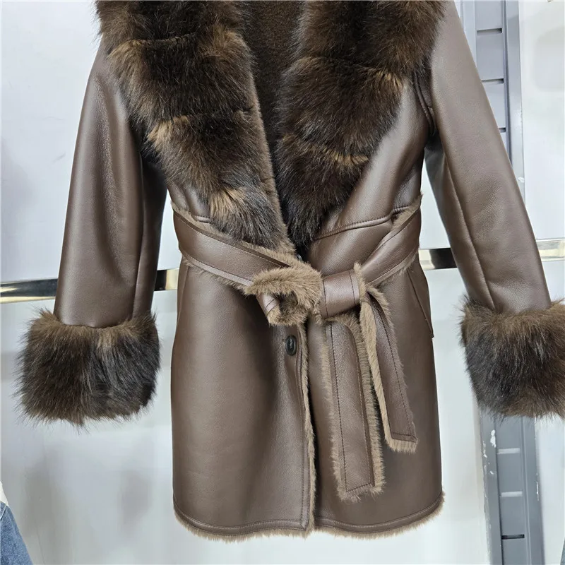 DEAT 2026 Winter Elegant Style Faux Mink Fur Collar PU Leather Coat With Belt For Women V-neak Midi Length Jackets 29A9572