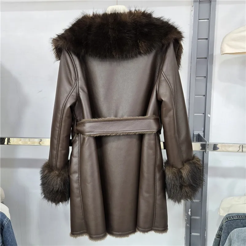 DEAT 2026 Winter Elegant Style Faux Mink Fur Collar PU Leather Coat With Belt For Women V-neak Midi Length Jackets 29A9572