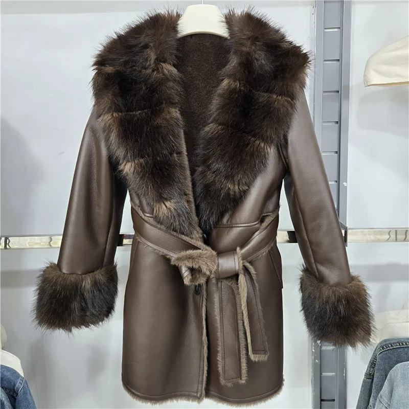 DEAT 2026 Winter Elegant Style Faux Mink Fur Collar PU Leather Coat With Belt For Women V-neak Midi Length Jackets 29A9572