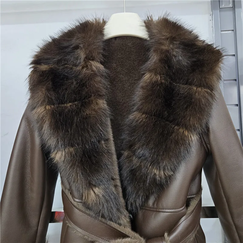 DEAT 2026 Winter Elegant Style Faux Mink Fur Collar PU Leather Coat With Belt For Women V-neak Midi Length Jackets 29A9572