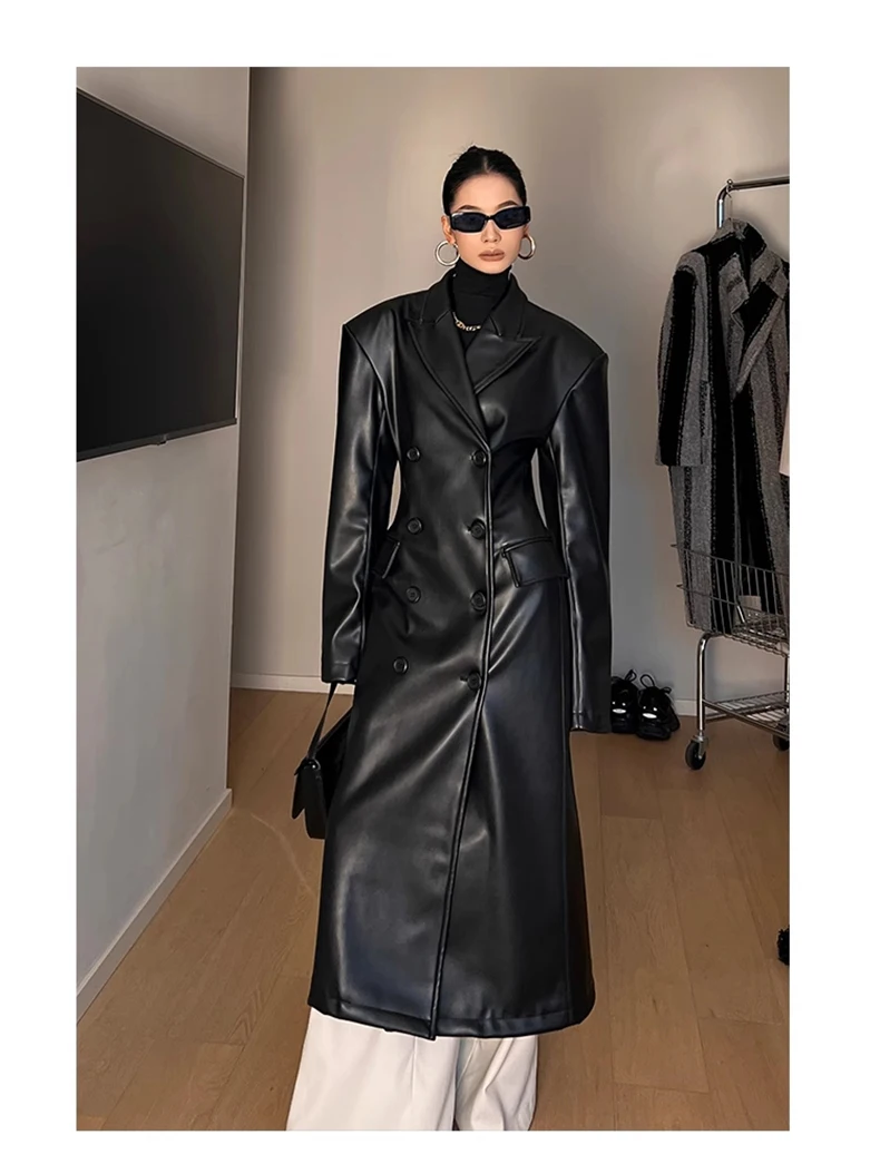 Mauroicardi Spring Autumn Long Black Fitted Leather Trench Coat for Women Shoulder Pads Double Breasted Luxury European Clothes