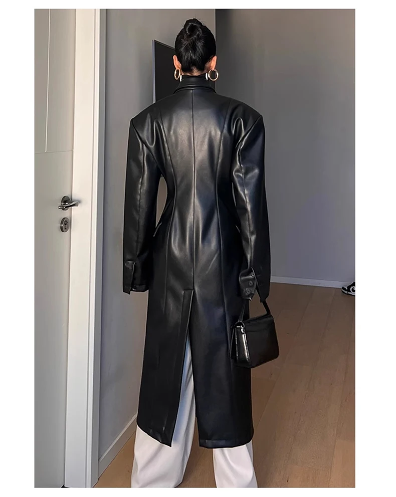Mauroicardi Spring Autumn Long Black Fitted Leather Trench Coat for Women Shoulder Pads Double Breasted Luxury European Clothes