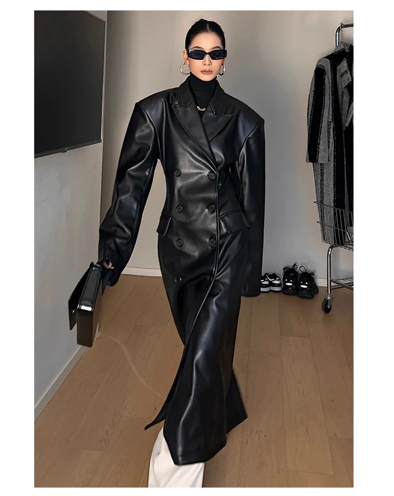 Mauroicardi Spring Autumn Long Black Fitted Leather Trench Coat for Women Shoulder Pads Double Breasted Luxury European Clothes