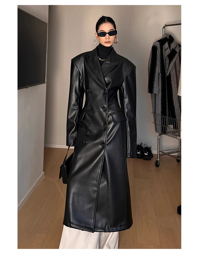 Mauroicardi Spring Autumn Long Black Fitted Leather Trench Coat for Women Shoulder Pads Double Breasted Luxury European Clothes