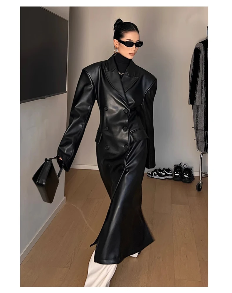 Mauroicardi Spring Autumn Long Black Fitted Leather Trench Coat for Women Shoulder Pads Double Breasted Luxury European Clothes
