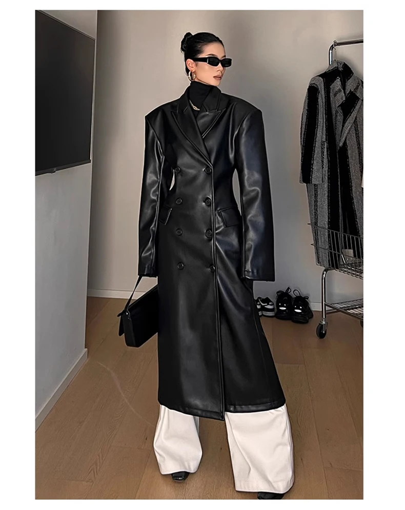 Mauroicardi Spring Autumn Long Black Fitted Leather Trench Coat for Women Shoulder Pads Double Breasted Luxury European Clothes