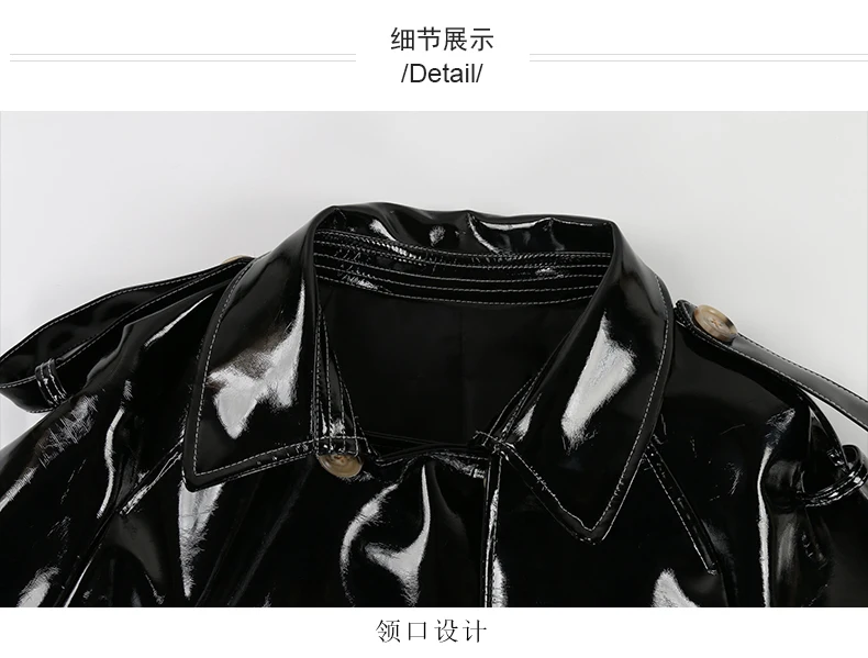 Mauroicardi Spring Long Shiny Reflective Black Patent Pu Leather Trench Coat for Women Belt Double Breasted Y2K European Clothes