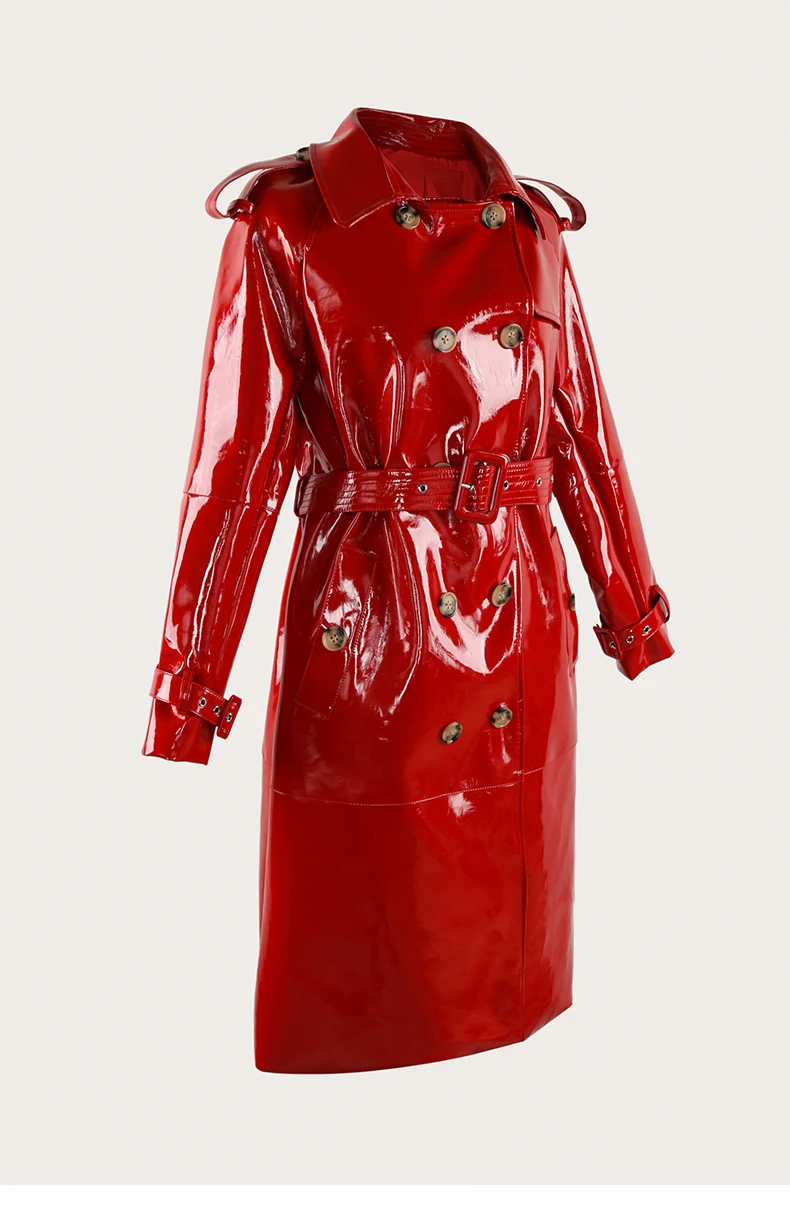 Mauroicardi Spring Long Shiny Reflective Black Patent Pu Leather Trench Coat for Women Belt Double Breasted Y2K European Clothes