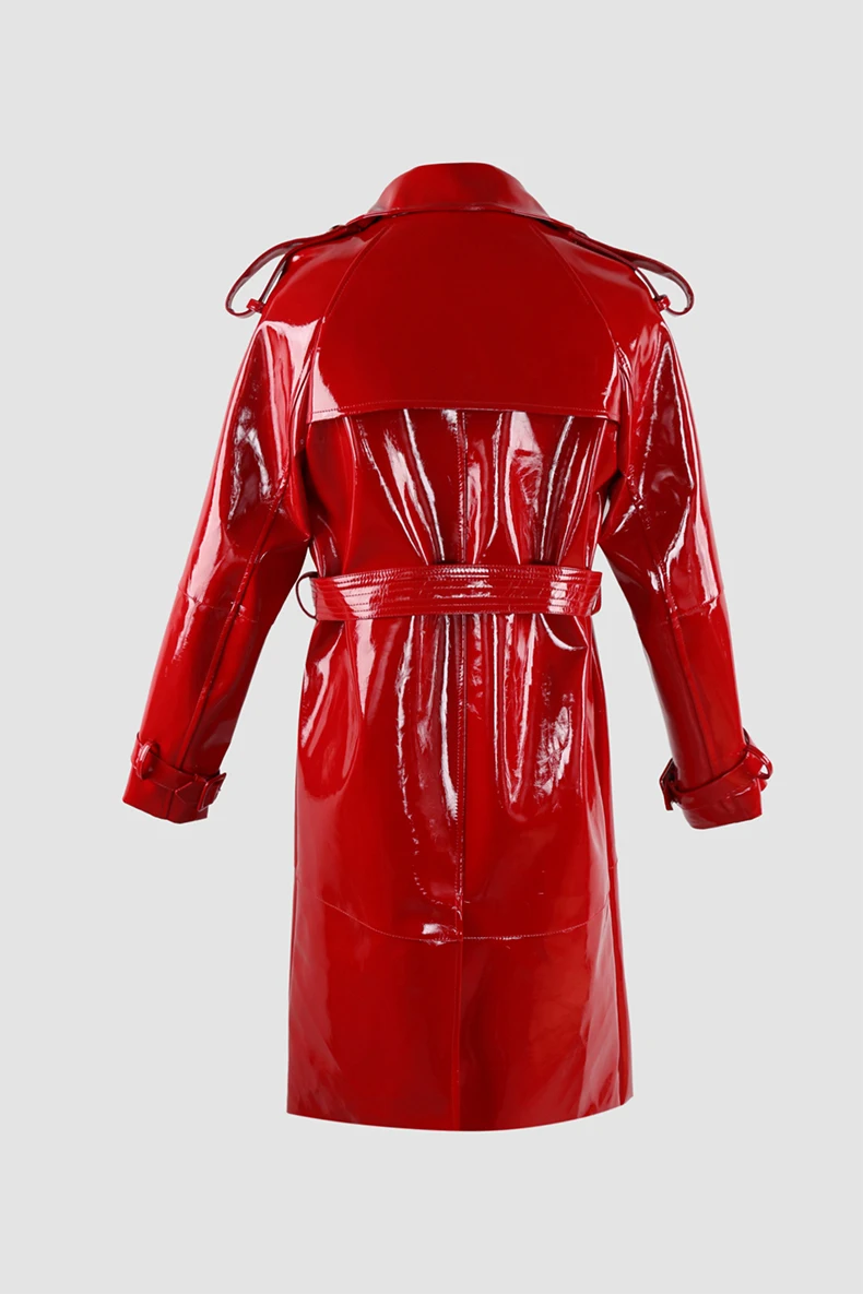 Mauroicardi Spring Long Shiny Reflective Black Patent Pu Leather Trench Coat for Women Belt Double Breasted Y2K European Clothes