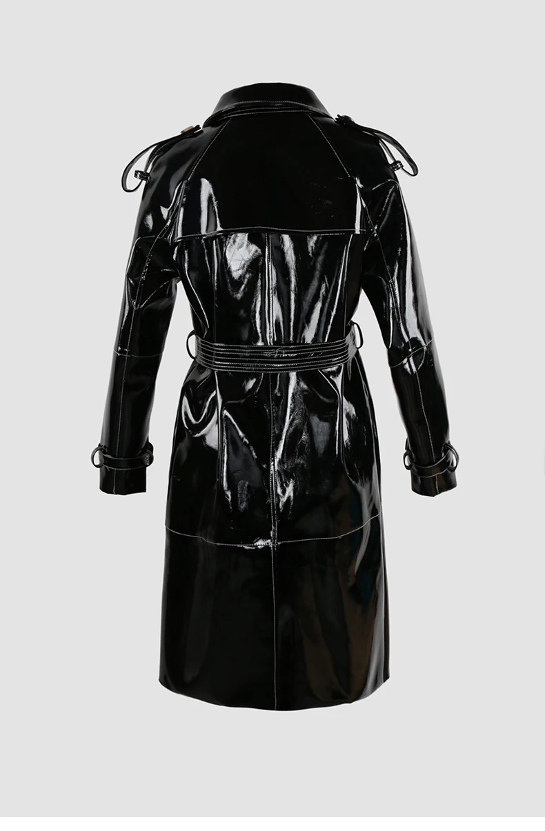 Mauroicardi Spring Long Shiny Reflective Black Patent Pu Leather Trench Coat for Women Belt Double Breasted Y2K European Clothes