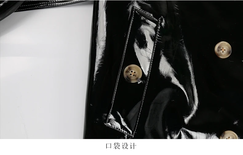 Mauroicardi Spring Long Shiny Reflective Black Patent Pu Leather Trench Coat for Women Belt Double Breasted Y2K European Clothes