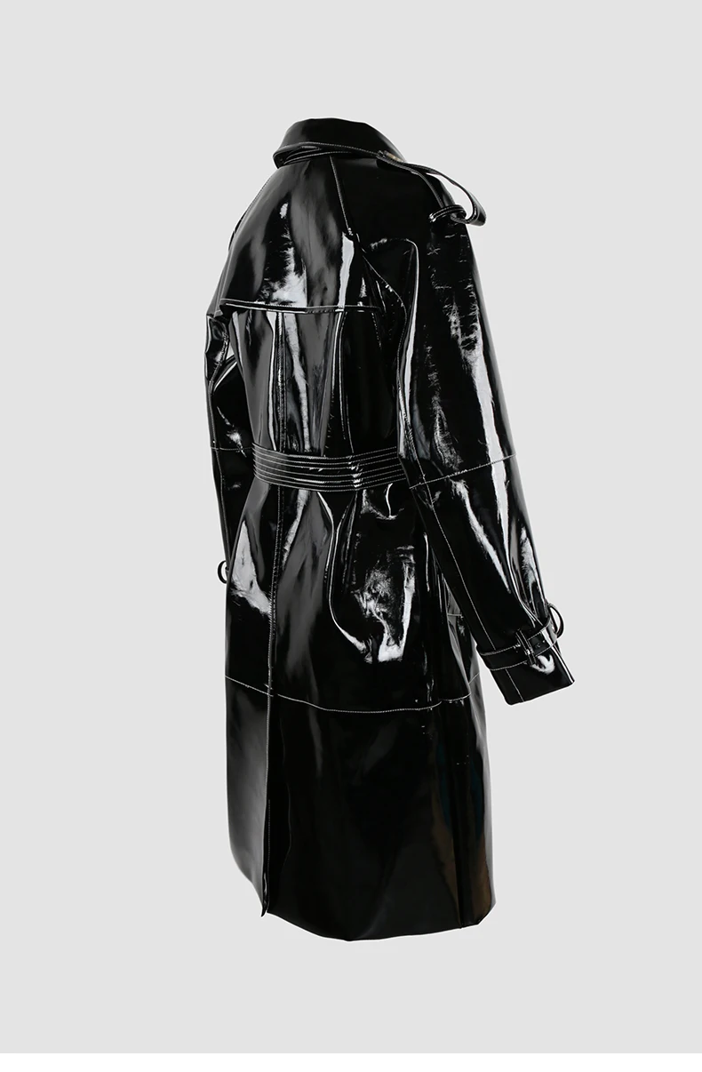 Mauroicardi Spring Long Shiny Reflective Black Patent Pu Leather Trench Coat for Women Belt Double Breasted Y2K European Clothes