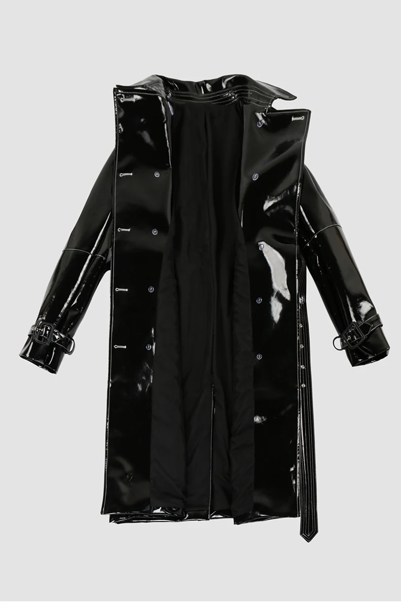 Mauroicardi Spring Long Shiny Reflective Black Patent Pu Leather Trench Coat for Women Belt Double Breasted Y2K European Clothes