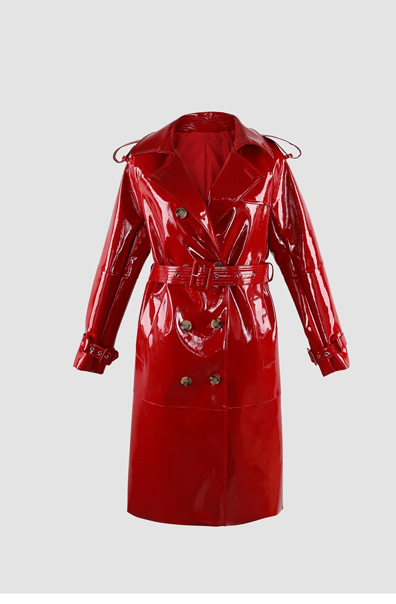 Mauroicardi Spring Long Shiny Reflective Black Patent Pu Leather Trench Coat for Women Belt Double Breasted Y2K European Clothes