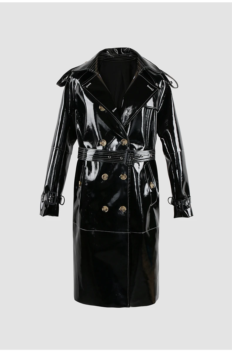 Mauroicardi Spring Long Shiny Reflective Black Patent Pu Leather Trench Coat for Women Belt Double Breasted Y2K European Clothes