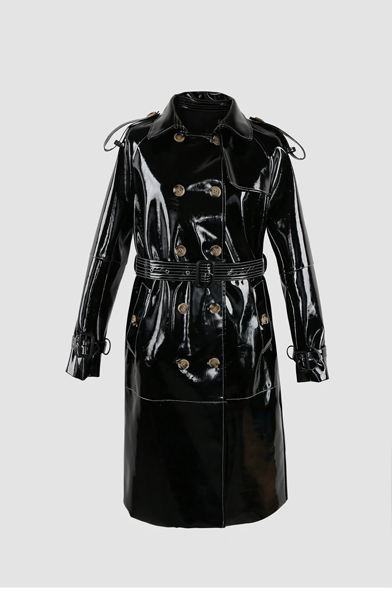 Mauroicardi Spring Long Shiny Reflective Black Patent Pu Leather Trench Coat for Women Belt Double Breasted Y2K European Clothes