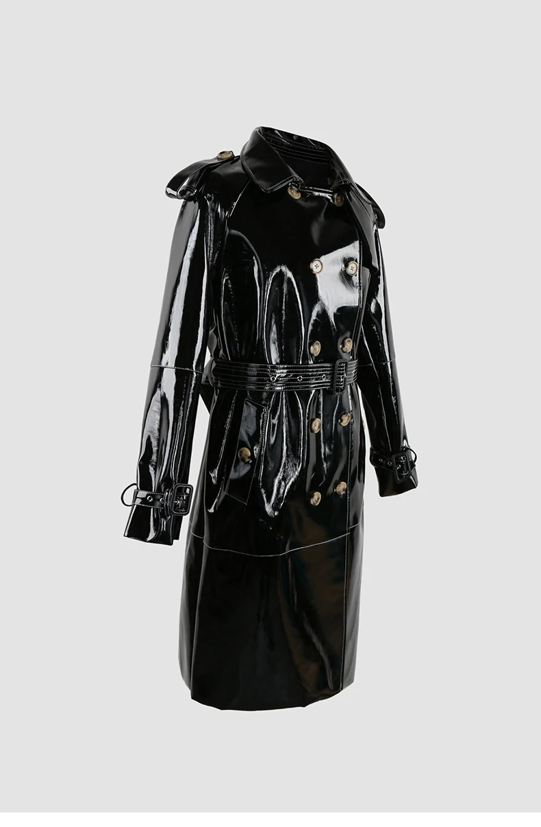 Mauroicardi Spring Long Shiny Reflective Black Patent Pu Leather Trench Coat for Women Belt Double Breasted Y2K European Clothes