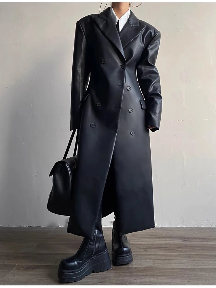 Mauroicardi Autumn Long Black Fitted Soft Pu Leather Trench Coat for Women Shoulder Pads Double Breasted Luxury European Clothes